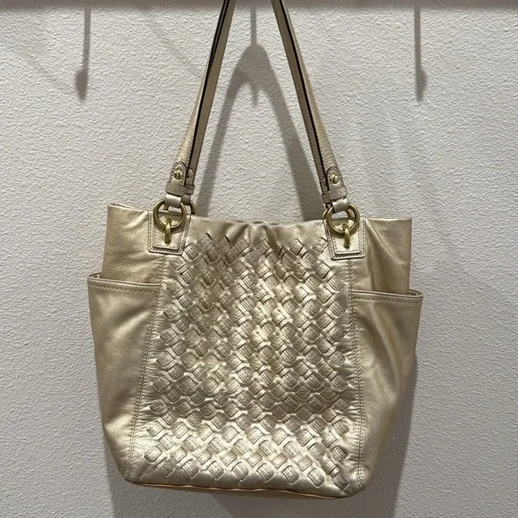 COACH- North South Metallic Woven Leather Gold Leather Shoulder Bag Tote F17099 - Picture 4 of 17